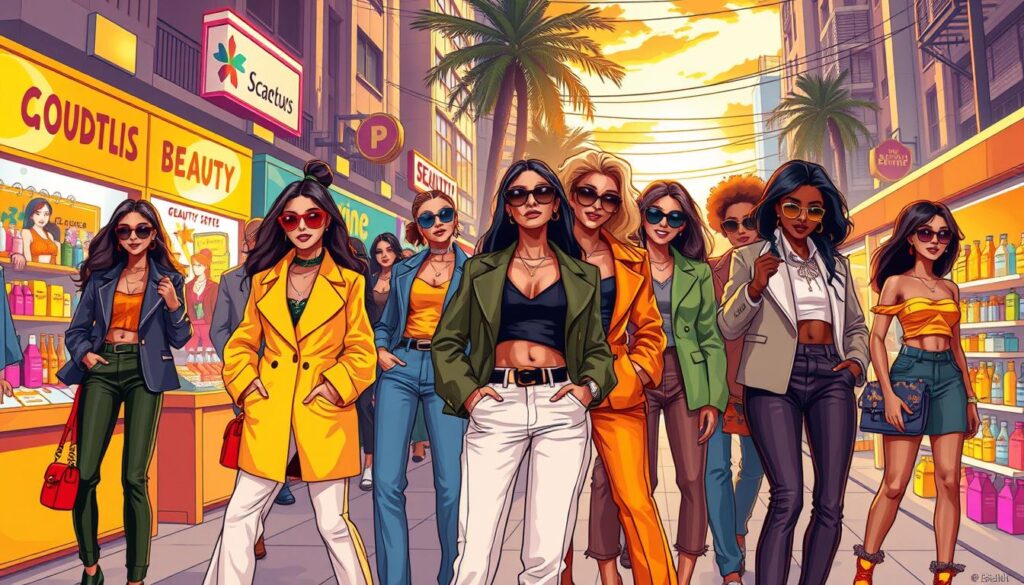 A vibrant digital illustration of a stylish urban scene filled with fashionable individuals showcasing bold and trendy outfits, exhibiting confidence and charisma